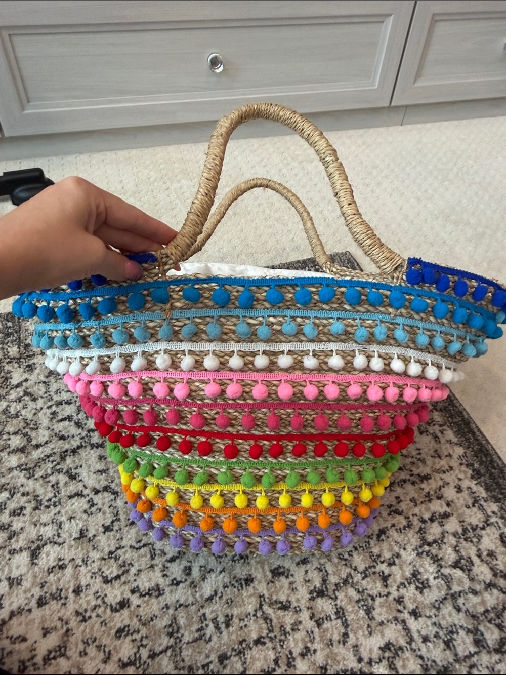 Mystique Straw Tote with Natural Weave and Rainbow Pom Pom Trim